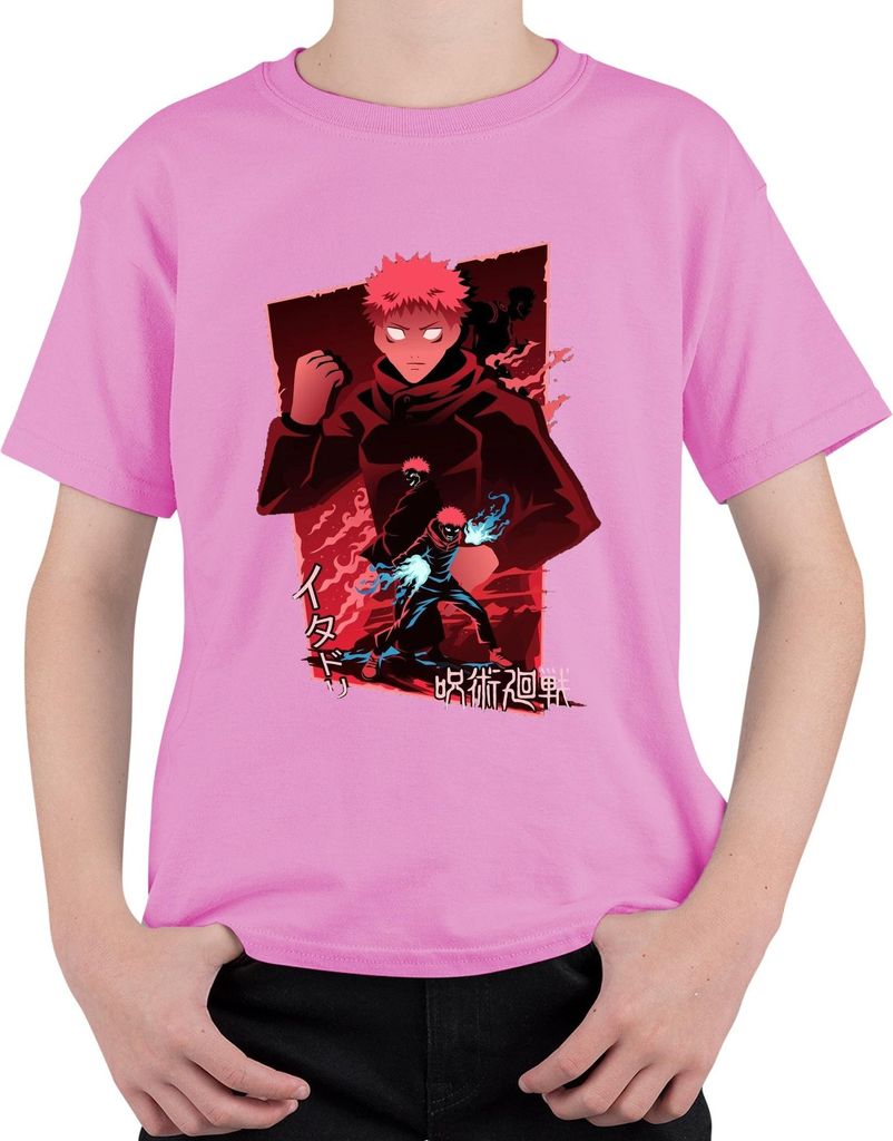 Itadori Yuji Jujutsu Kaisen Fan Anime rot düster Flammen Geschenk Uni Kinder T-Shirt, Pink, 140