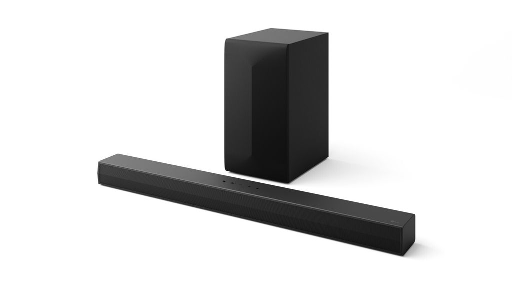 A black soundbar and subwoofer are displayed on a white background.