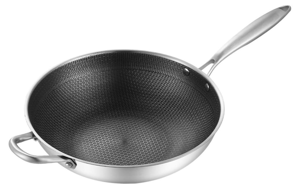 Edelstahl-Wok-Pfanne, doppelseitig, Wabenstruktur, 3 Schichten, verhindert Anhaften, einfache Reinigung, für die Küche, 32 cm (ohne Deckel und mi...