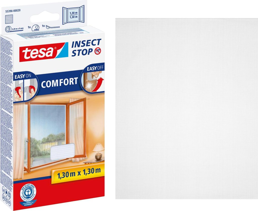 tesa Fliegengitter Comfort Insektenschutz Fenster ohne Bohren weiß 1,3 x 1,3 m