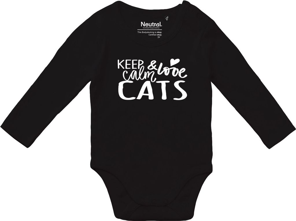 Huuraa Baby Body Keep calm and love Cats 80 Black Baumwolle Fairtrade Langarmbody Geschenkidee