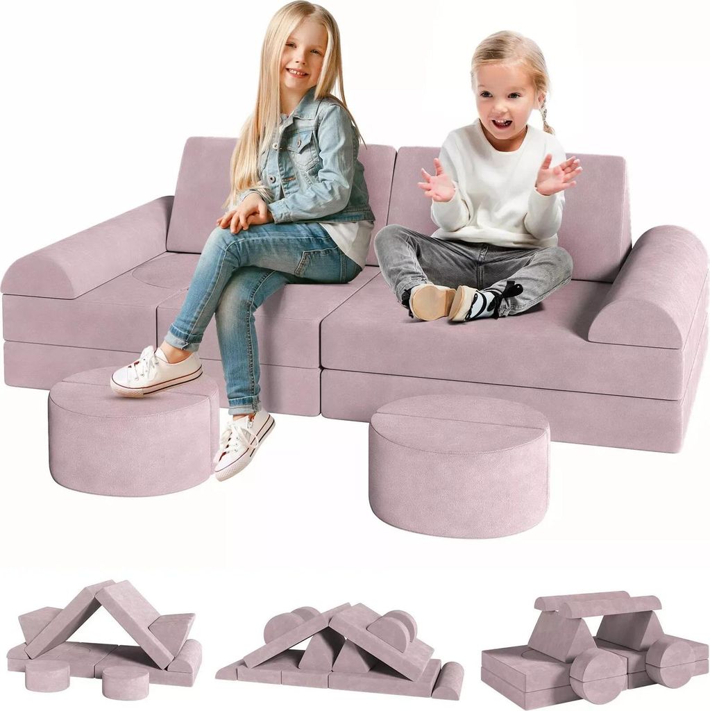 Modulares Kinderspielsofa - Sektionales Kindersofa-Set - Konvertierbar zum Bodenkissen - Schaumstoffpolster - Für Kleinkinder - 143x45x70 cm - Rosa