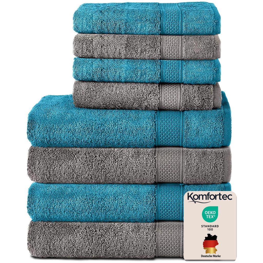 Komfortec 8er Handtuch Set aus 100% Baumwolle, 4 Badetücher 70x140 und 4 Handtücher 50x100 cm, Frottee, Weich, Towel, Groß, Anthrazit Grau/Türkis