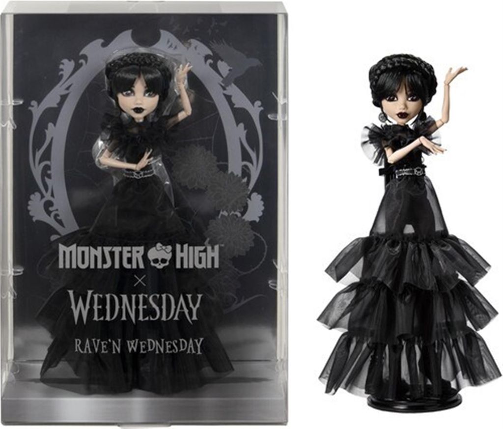 A Monster High doll of Wednesday Addams in a black dress, shown both in its packaging and displayed outside of it.