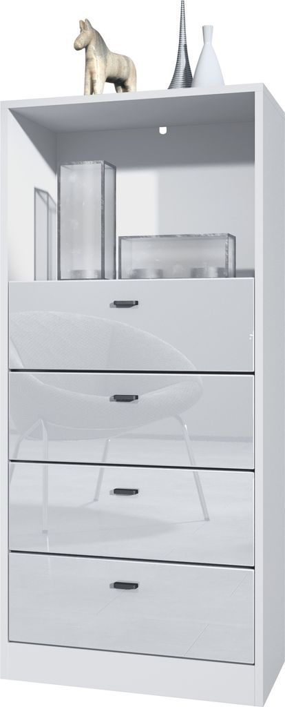 Vladon Kommode Pino V3, Germany, Anrichte mit 4 Schubladen & 1 offenem Fach, Weiß matt/Weiß Hochglanz ohne LED (56 x 125 x 36 cm)