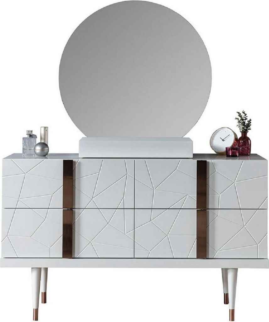 Casa Padrino Luxus Schlafzimmer Kommode mit Wandspiegel Weiß / Kupferfarben - Eleganter Massivholz Schrank mit Spiegel - Luxus Schlafzimmer Möbel