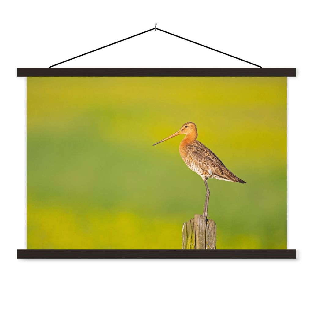 MuchoWow Textilposter Vogel - Tiere - Uferschnepfe - Pfahl - Grün 90x60 cm mit schwarzem Rahmen - Aufhängungssatz