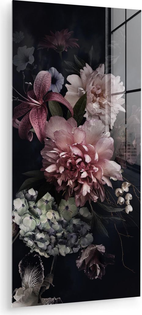 MuchoWow Glasbilder - Bilder auf Wandbild - Foto auf Glas Blumen - Vintage - Pastell - Rosa - Weiß 40x80 cm Wanddekoration aus Glas - Acrylglasbil...