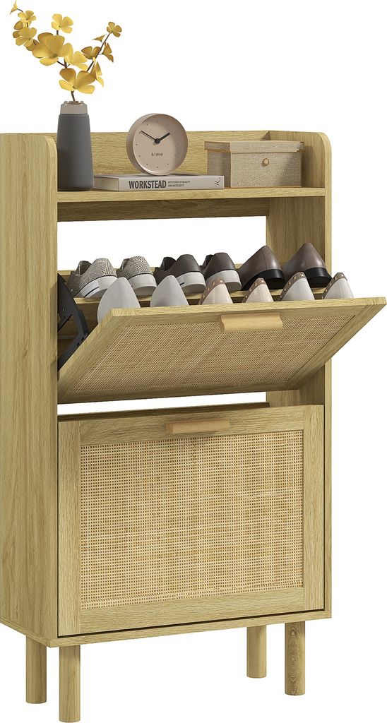 HOMCOM Schuhregal für den Flur, Schuhregal im Bohemian-Stil, mit 2 klappbaren Schubladen und 1 offenem Regal für 18 Paar Schuhe, schmales Schuhre...