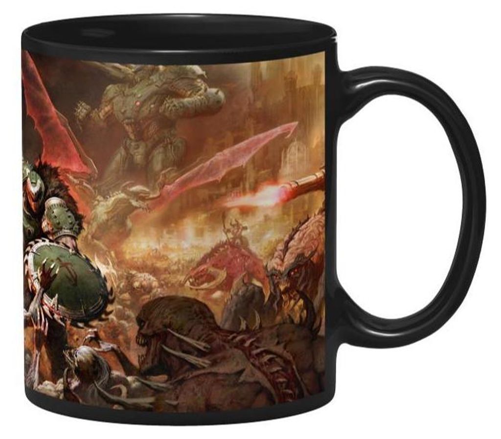 A black mug with a detailed, action-packed illustration of a battle scene from Doom The Dark Ages.