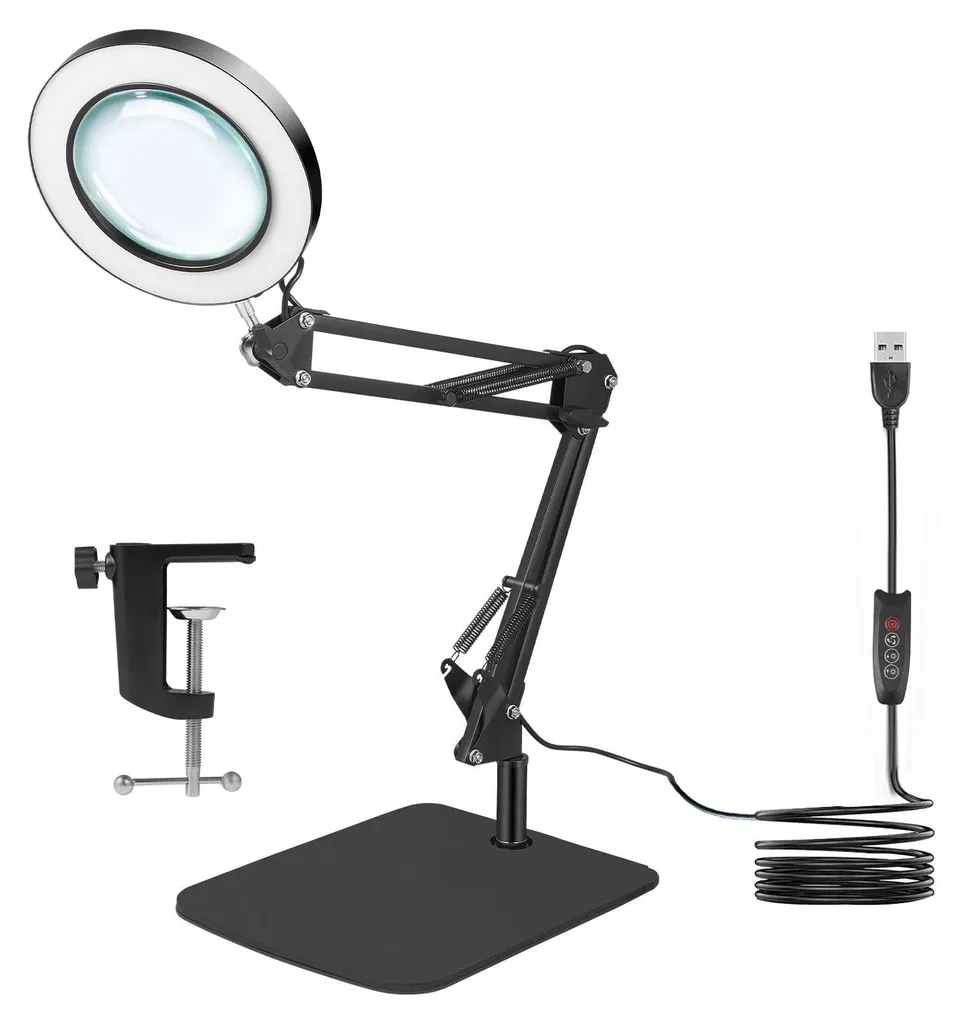 Lampe loupe grossissante 10x LED réglable noire pour lecture et soin