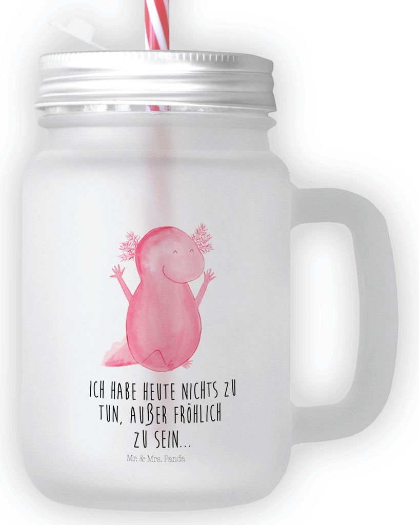 Mr. & Mrs. Panda Glas Axolotl Hurra - Transparent - Geschenk, Mason Jar, Trinkglas mit Deckel, Becher, Motivation, Fröhlich, Spaß, Schwanzlurch, ...