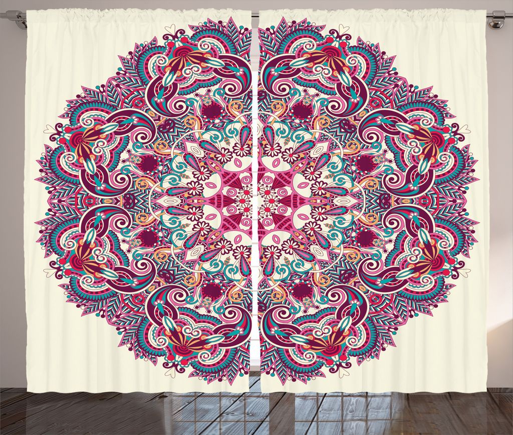 ABAKUHAUS Mandala Rustikaler Vorhang, Boho Blumen, Wohnzimmer Universalband Gardinen mit Schlaufen und Haken, 280 x 175 cm, Mehrfarbig