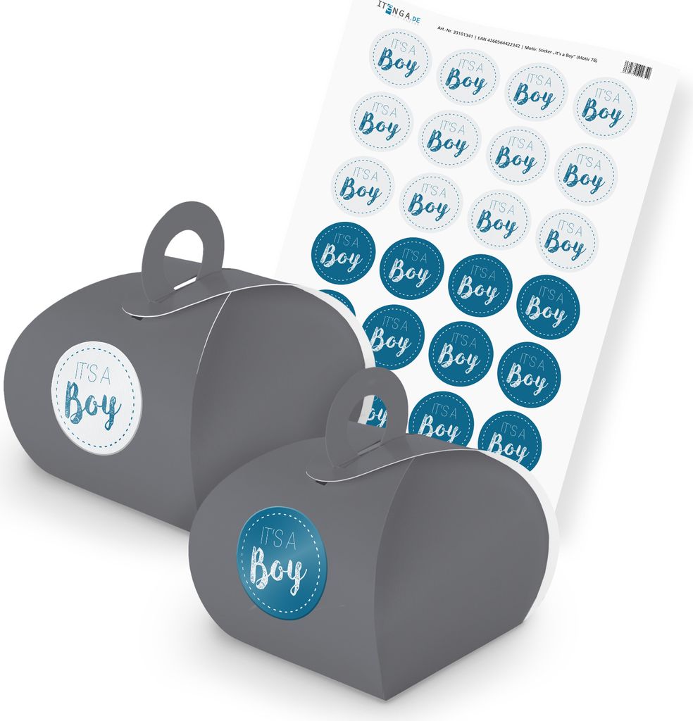 itenga SET It s a Boy (Motiv 76) 24x Geschenkschachtel mit Griff grau + Sticker