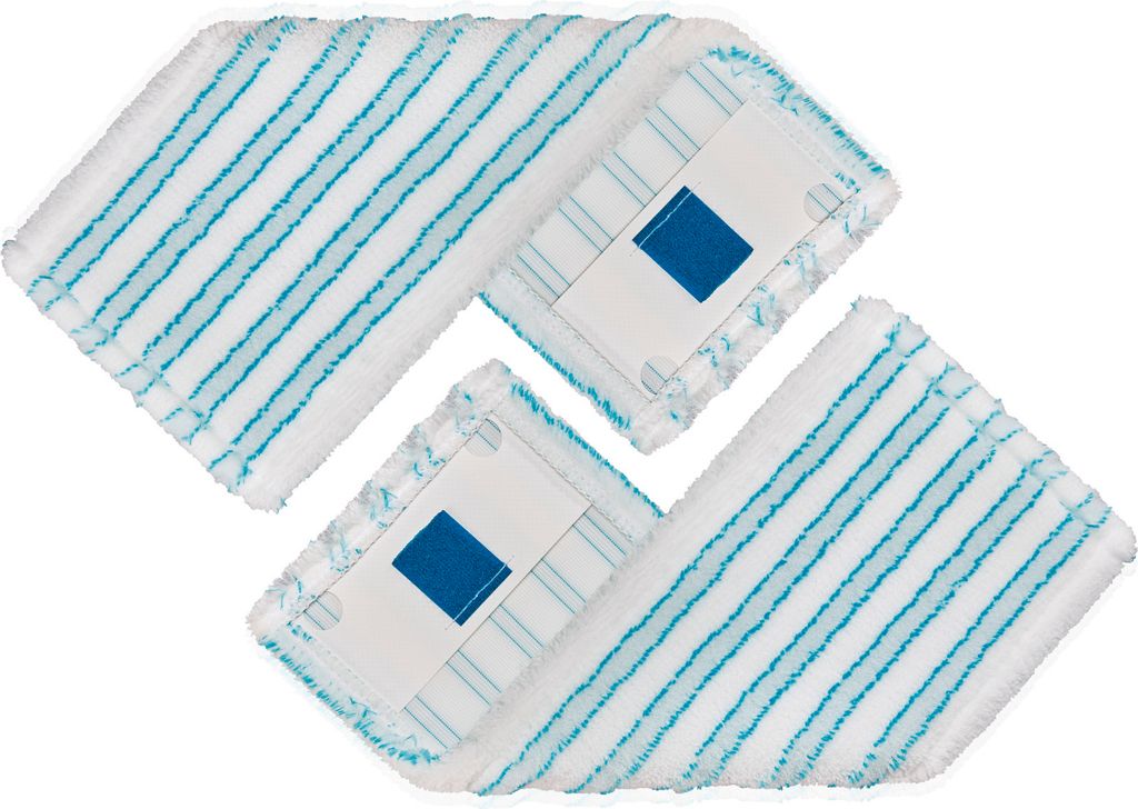 Two white mop pads with blue stripes and a blue square label.