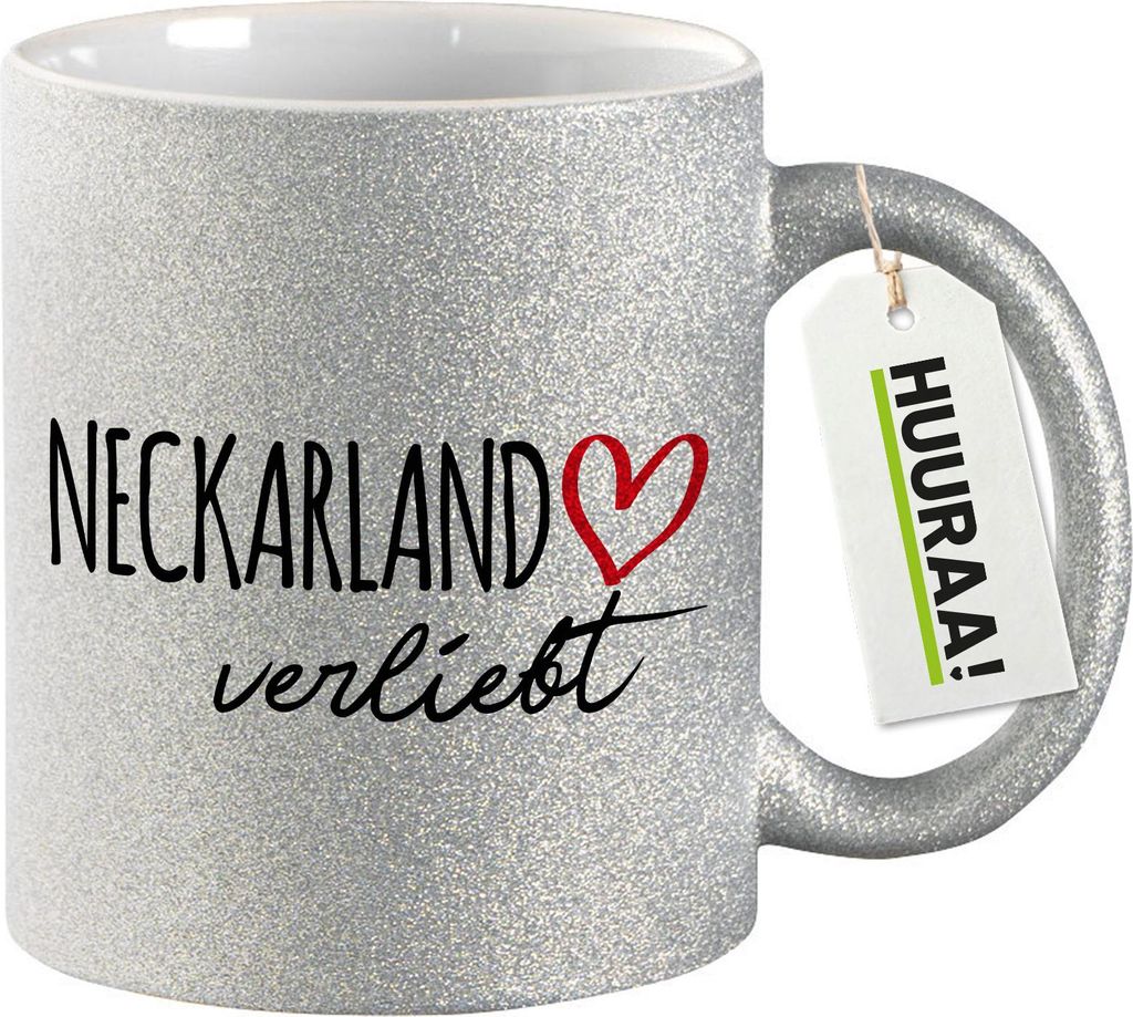 Huuraa Glitzertasse Neckarland verliebt 330ml Silber Keramik Kaffeebecher Geschenkidee