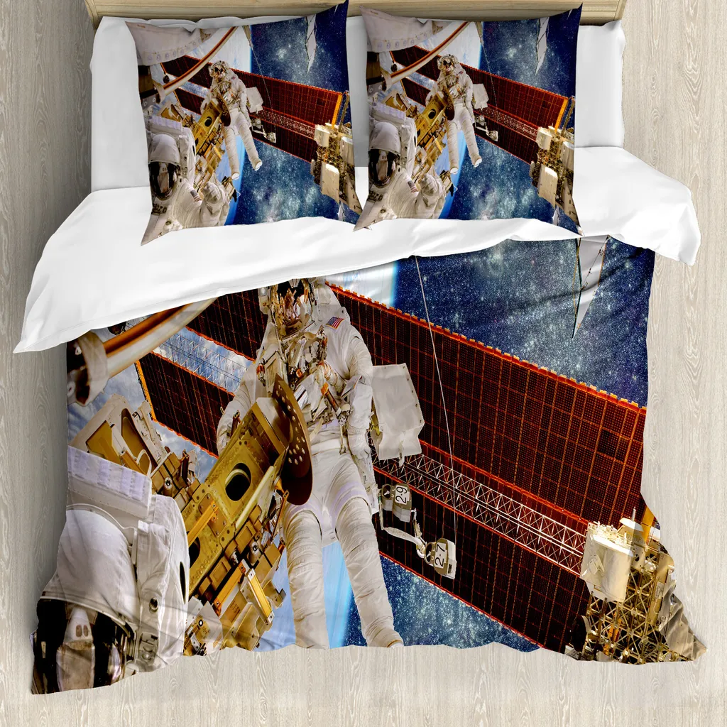 ABAKUHAUS Copripiumino Space, Stazione spaziale Planet, Antiacaro, Adatto a chi soffre di allergie, con federe, 200 cm x 200 cm - 80 x 80 cm, Multicolore