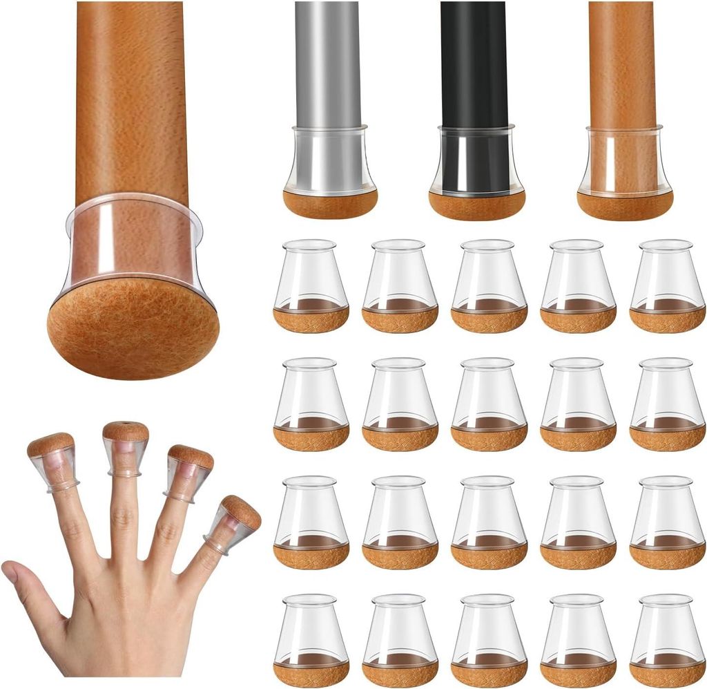 Stuhlbeinschoner, 20 Stück kleine, transparente Silikon-Bodenschoner mit Filzbezug, Stuhlbeinkappen, Silikon-Stuhlbeinkappen, Durchmesser 14–20 mm