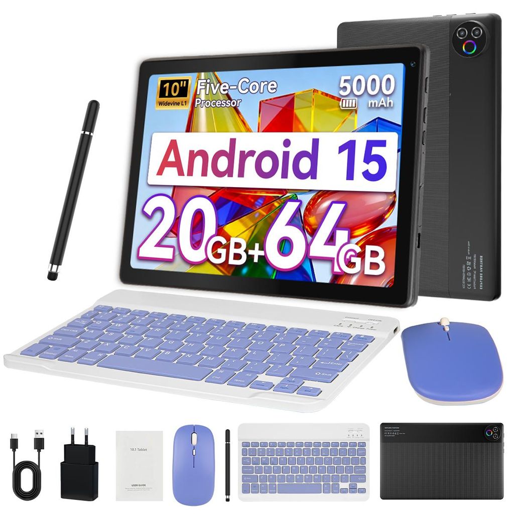 Tablet 10 Zoll, mit Tastatur/Maus/Stift, 20(3+17)GB RAM, 64 GB ROM, Android 15, Dual Kamera, 5000 mAh, WiFi 6, BT 5.4