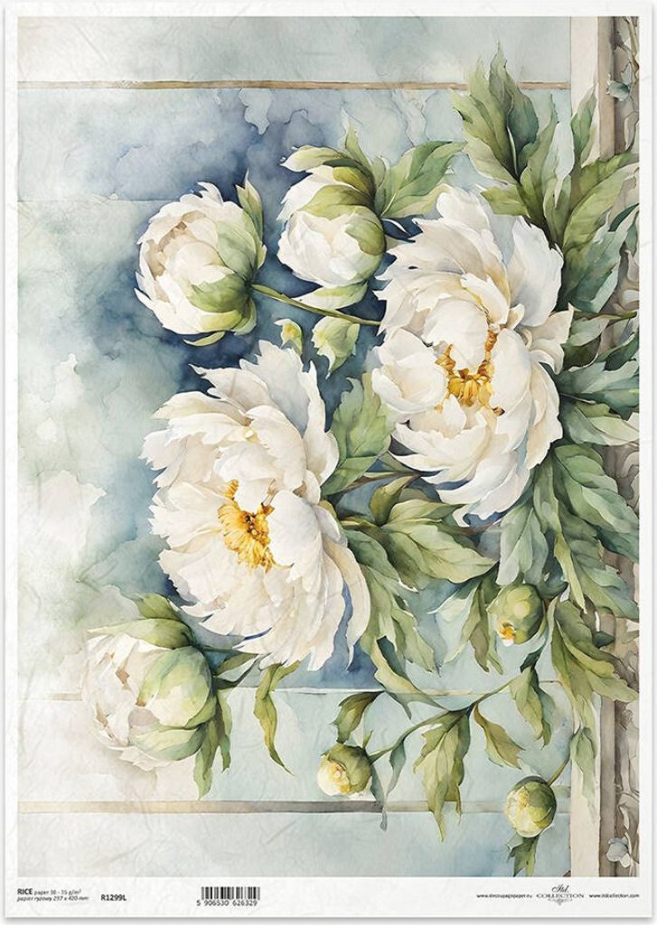 Reispapier Decoupage Bastelpapier für Decoupage A3 ITD-1299L weiße Pfingstrosen