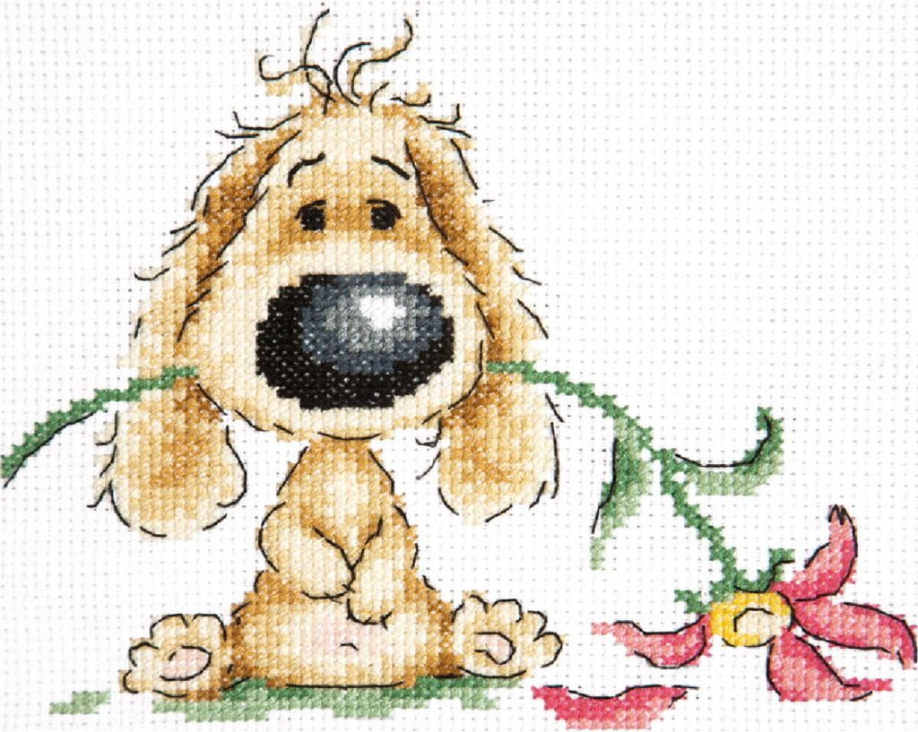 Magic Needle Zweigart Edition Kreuzstich Set "Welpe und Blume", Zählmuster, 15x12cm