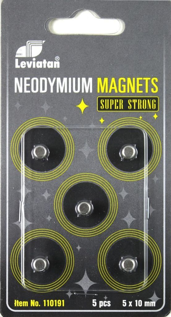 A retail package of 5 neodymium magnets.