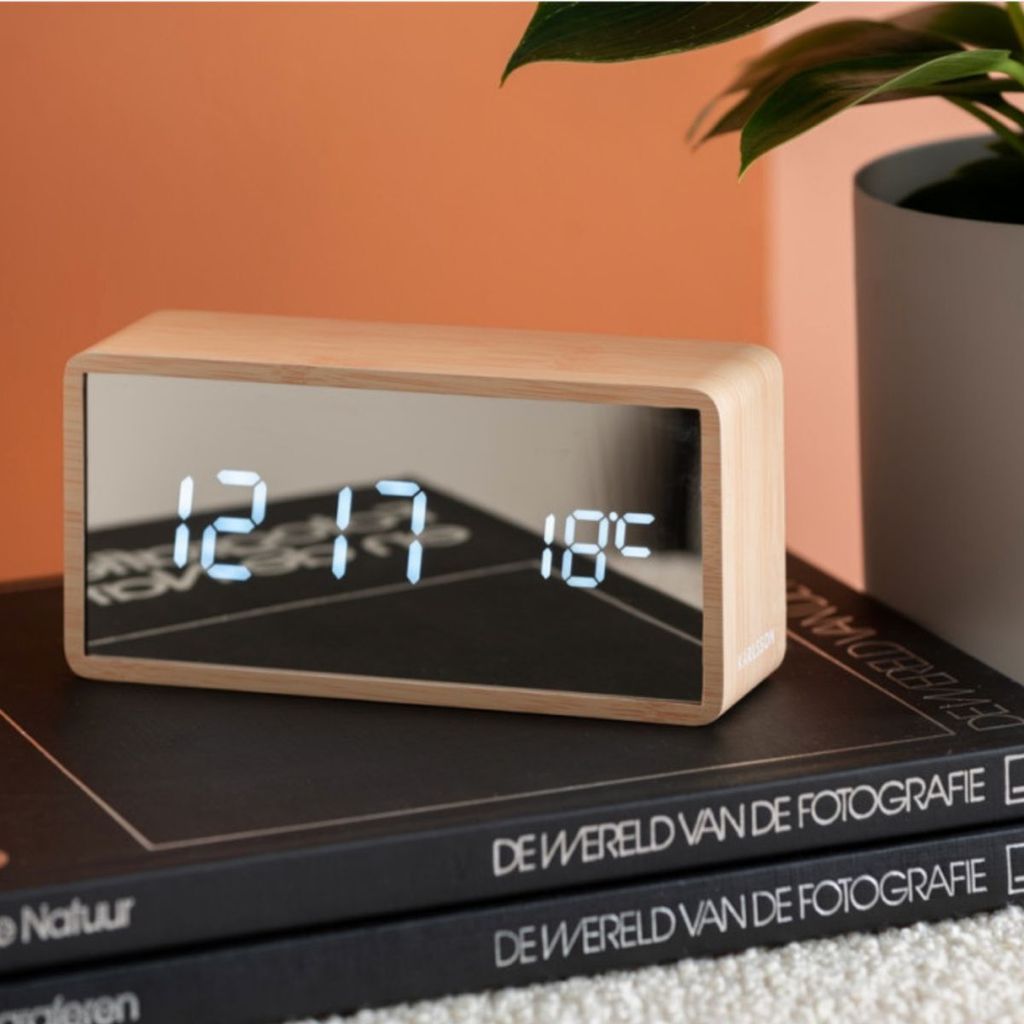 Karlsson Wecker Silver Mirror LED Helles Holz Wecker