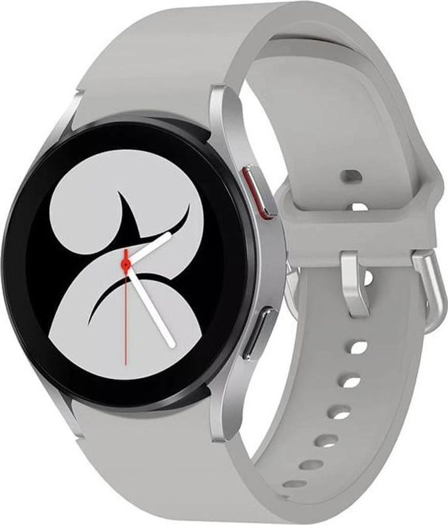 A close-up, studio shot of a smartwatch with a light gray silicone strap.
