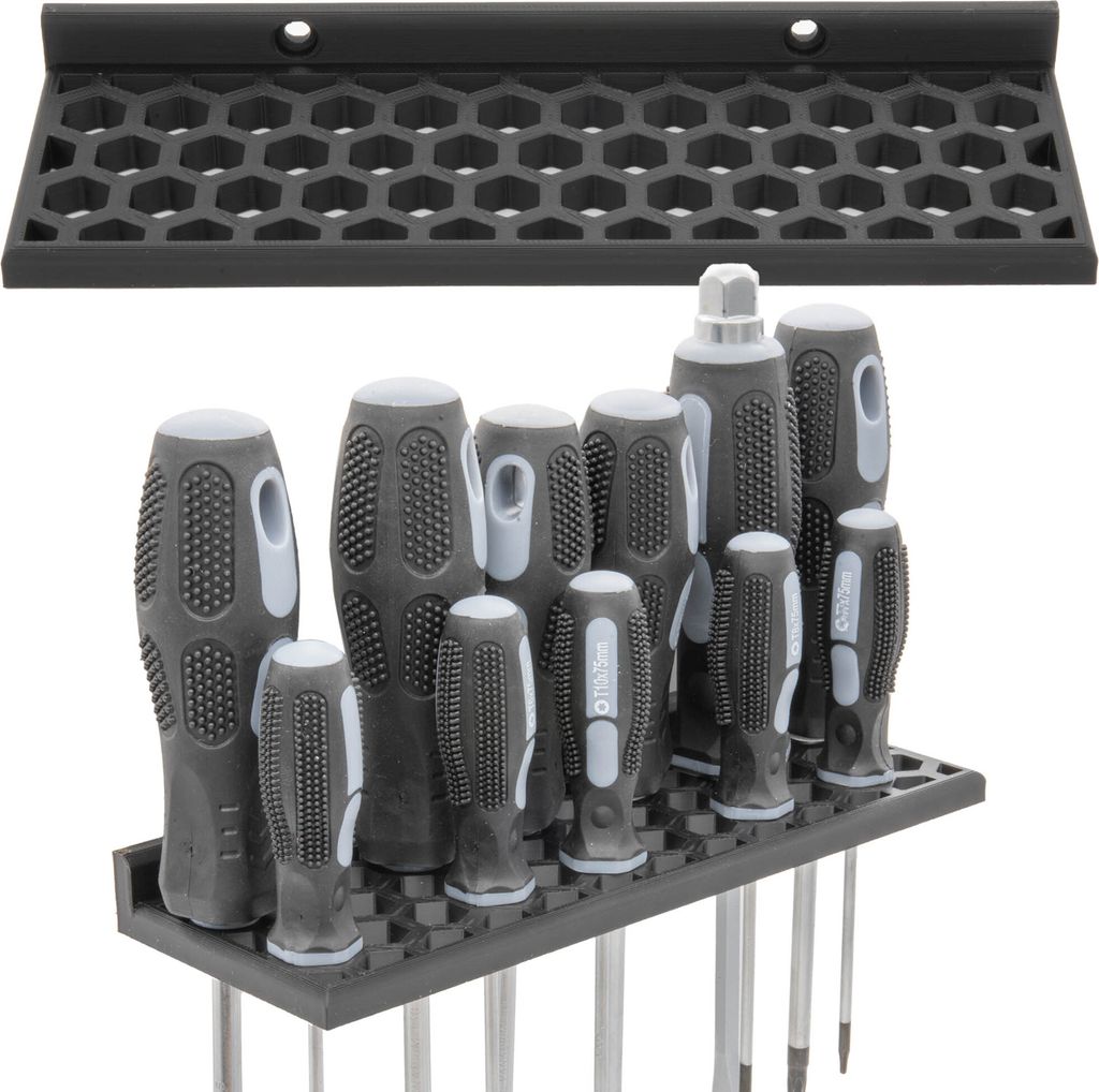 A set of screwdrivers in a holder, with a wall mount rack above.