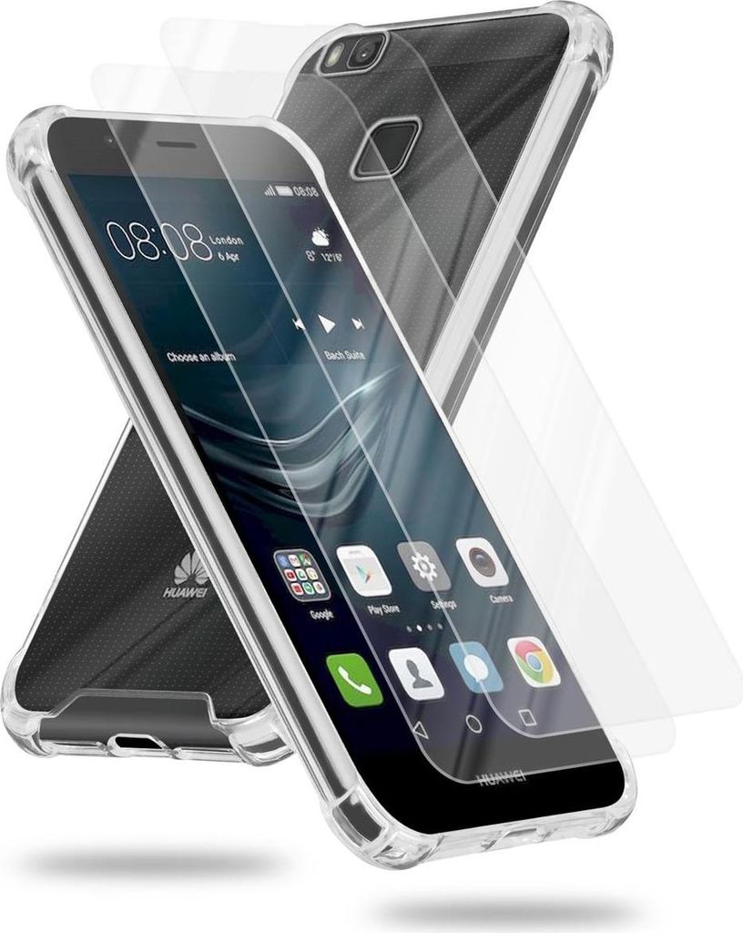 Cadorabo Hülle und 2x Tempered Panzer Folie für Huawei P9 LITE in Transparent Schutzhülle TPU Silikon Glas-Rücken Acryl