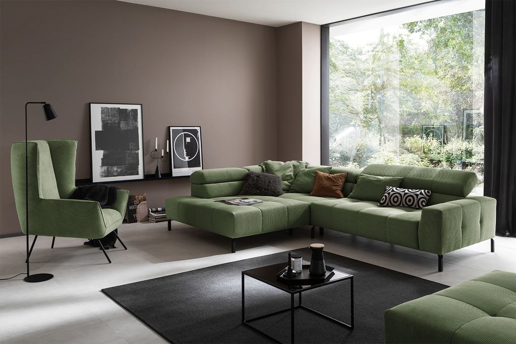 KAWOLA Sofa OHIO Ecksofa Feincord olivgrün mit motorischem Sitzvorzug Recamiere links