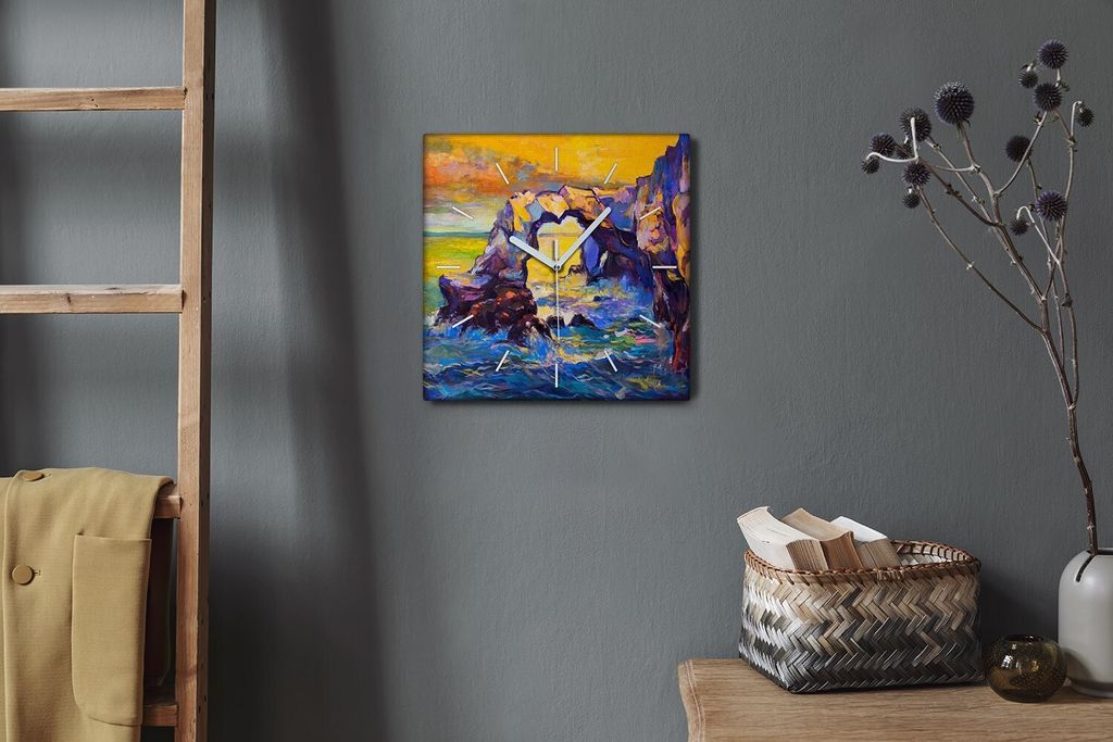 Coloray Hodiny Unikátní 30x30 cm Tiché hodiny Pro obývací pokoj a kuchyň Nástěnné hodiny Plátno Bílé ručičky hodin - západ slunce
