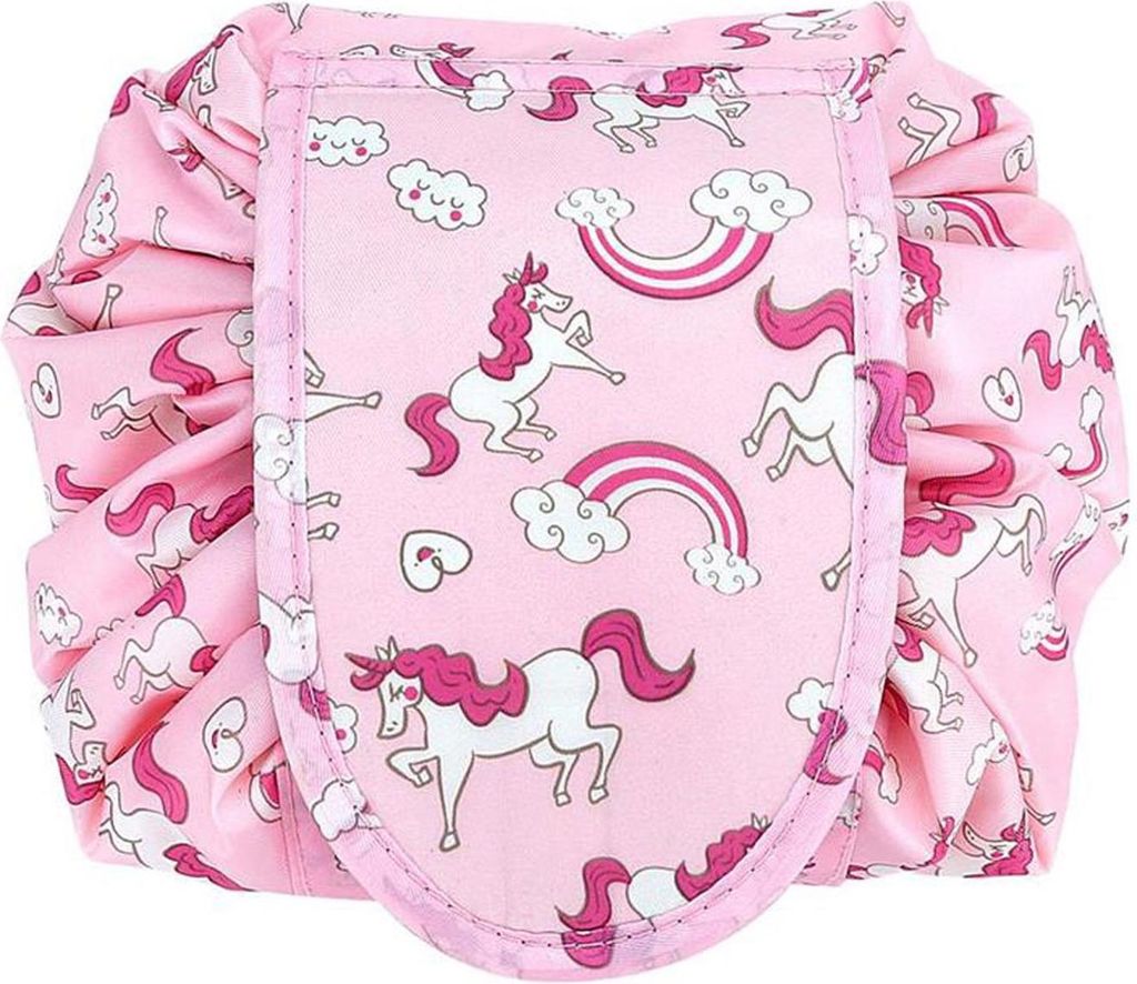 Intirilife Kosmetiktasche in ROSA WEISSE PFERDE – Runder One Step Kulturbeutel mit Kordelzug zum Zusammenziehen mit 2 inneren Reißverschlussfäc...