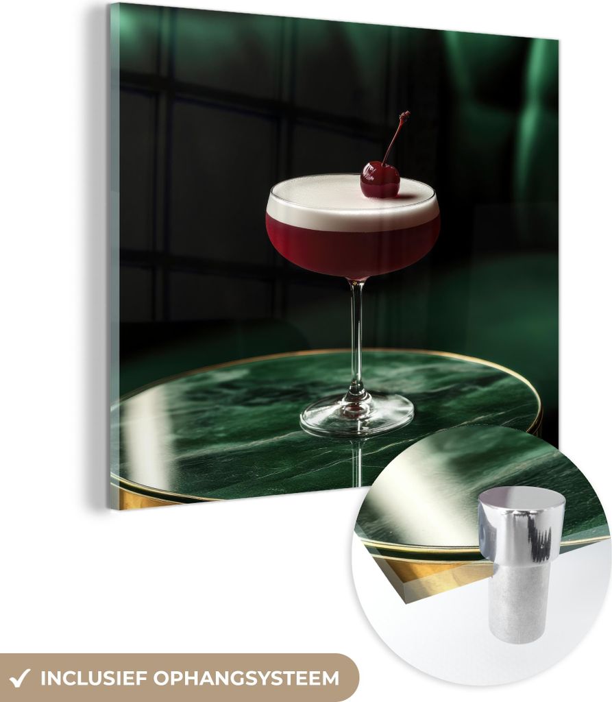 MuchoWow Glasbilder - Bilder auf Wandbild - Foto auf Glas Kirsche - Cocktail - Rot - Marmor 40x40 cm Wanddekoration aus Glas - Acrylglasbild - Acry...