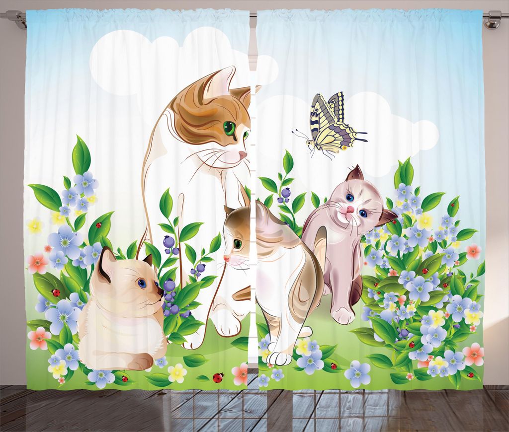 ABAKUHAUS Karikatur Rustikaler Gardine, Glückliche Kätzchen, Schlafzimmer Kräuselband Vorhang mit Schlaufen und Haken, 280 x 245 cm, Mehrfarbig