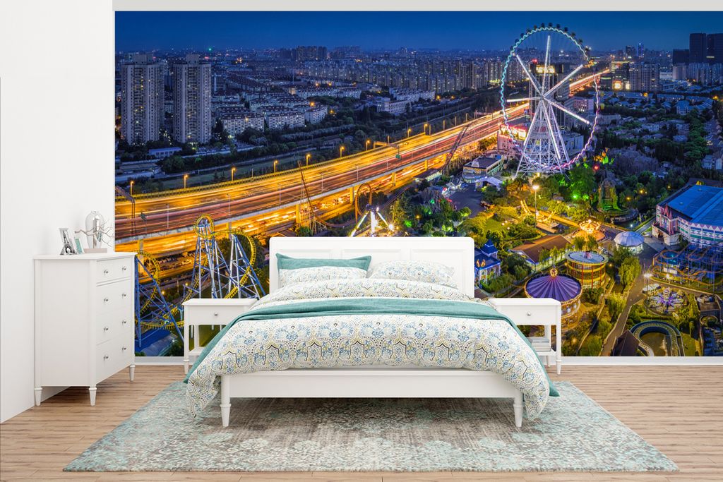 MuchoWow Fototapete für Wohnzimmer oder Schlafzimmer Wandtapete Vinyl Motivtapete Vergnügungspark im Dunkeln - 535x300 cm - Wanddekoration