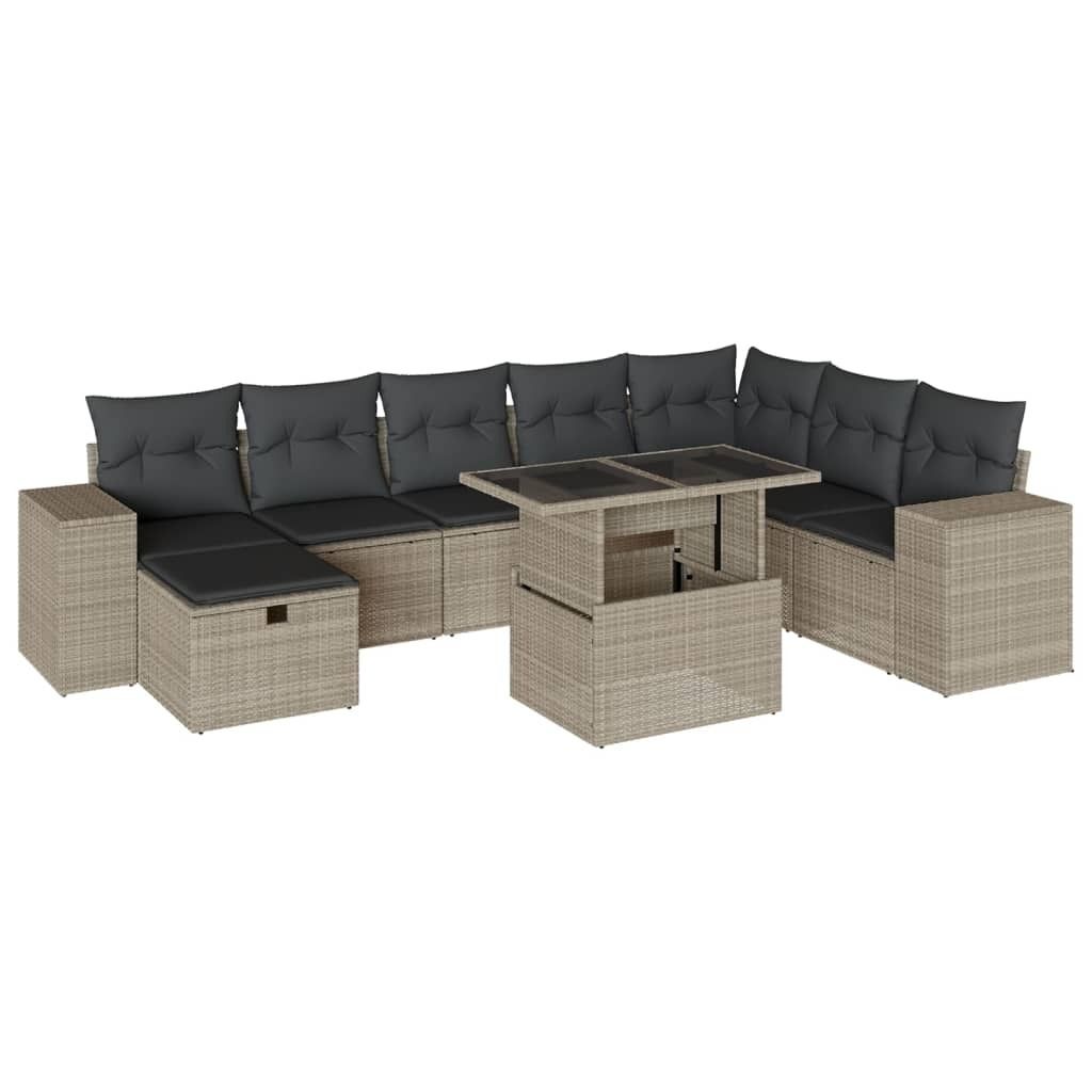 vidaXL 9-tlg. Garten-Sofagarnitur mit Kissen Hellgrau Poly Rattan