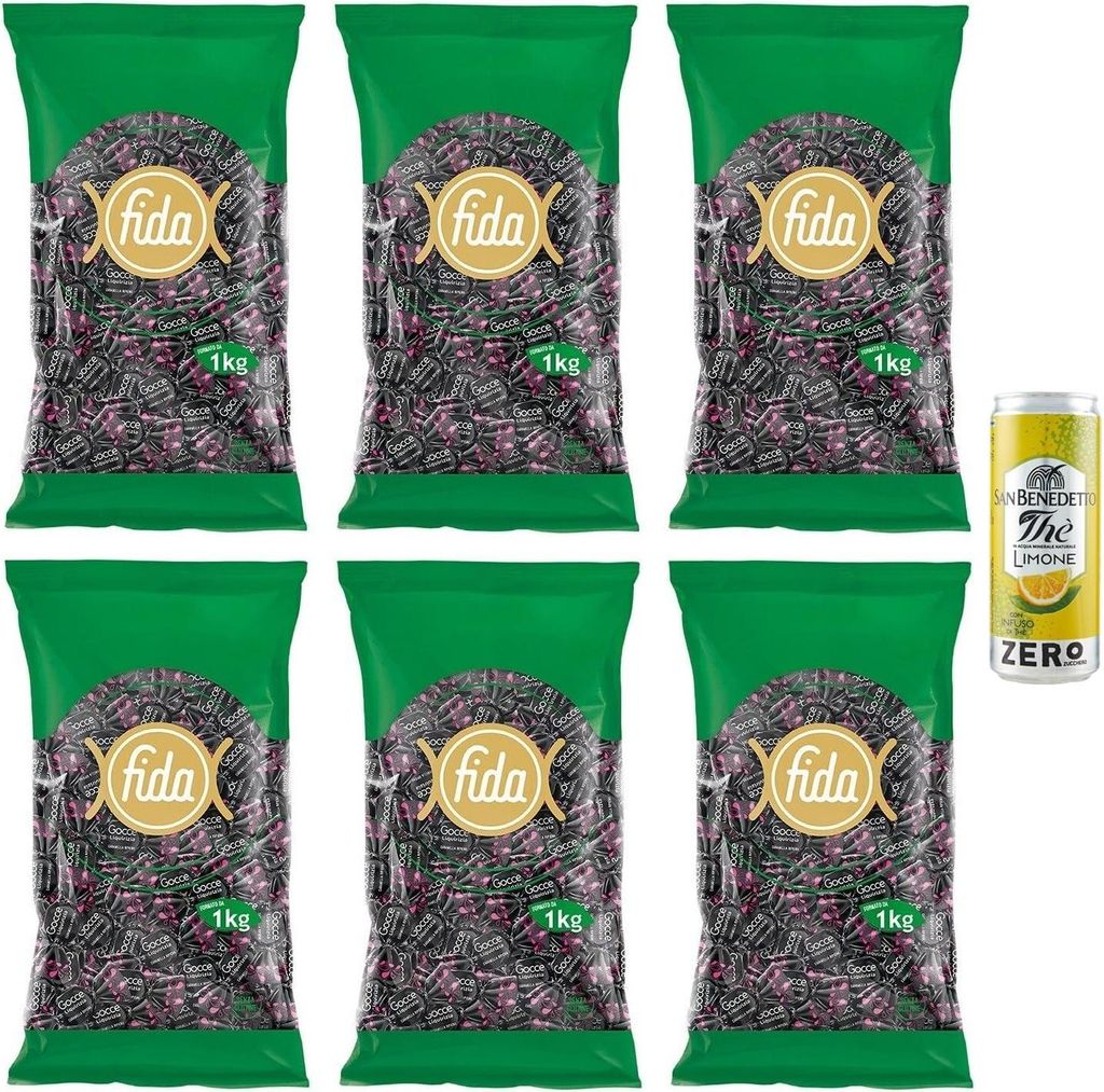 6er-Pack FIDA Rossana Gocce Liquirizia Bonbons mit Lakritze gefüllte 1Kg Beutel + 1er-Pack San Benedetto Eistee mit Zitrone Ohne Zucker 330ml Dose