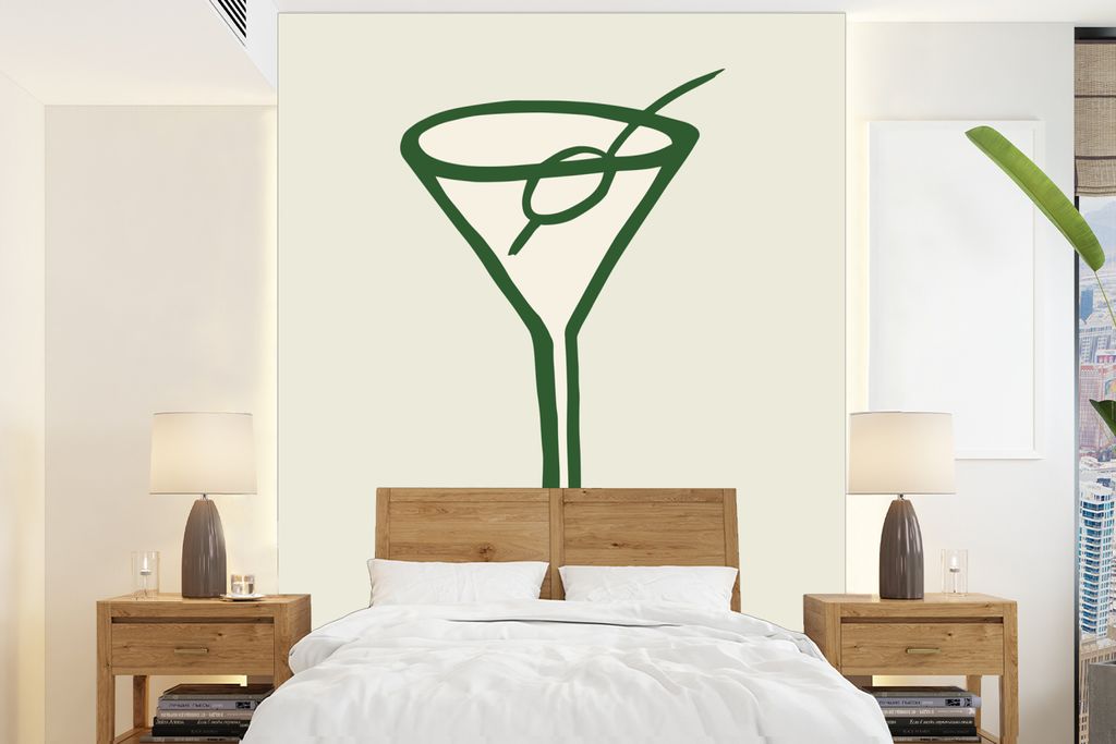 MuchoWow Fototapete für Wohnzimmer oder Schlafzimmer Wandtapete Vinyl Motivtapete Cocktail - Strohhalm - Glas - Grün - 205x280 cm - Wandbild