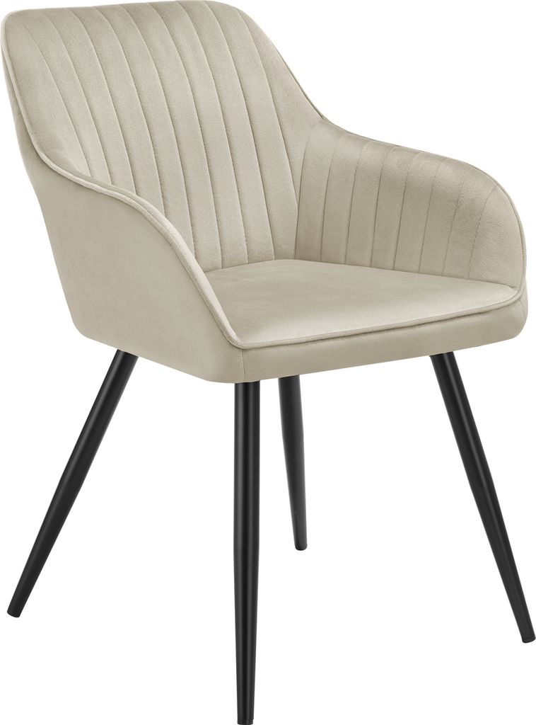 A single beige upholstered chair with black legs is shown against a white background.