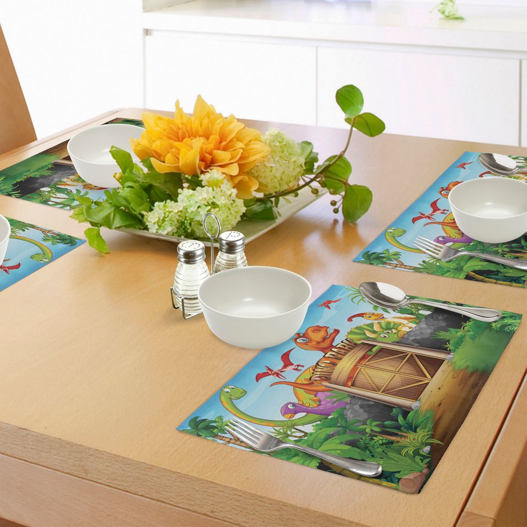 ABAKUHAUS Zoo Platzmatten, Dinosaurier, die in der Park-Karikatur-prähistorischen Tier-Waldbaum-Tür-Illustration Leben, Tiscjdeco aus Farbfesten ...