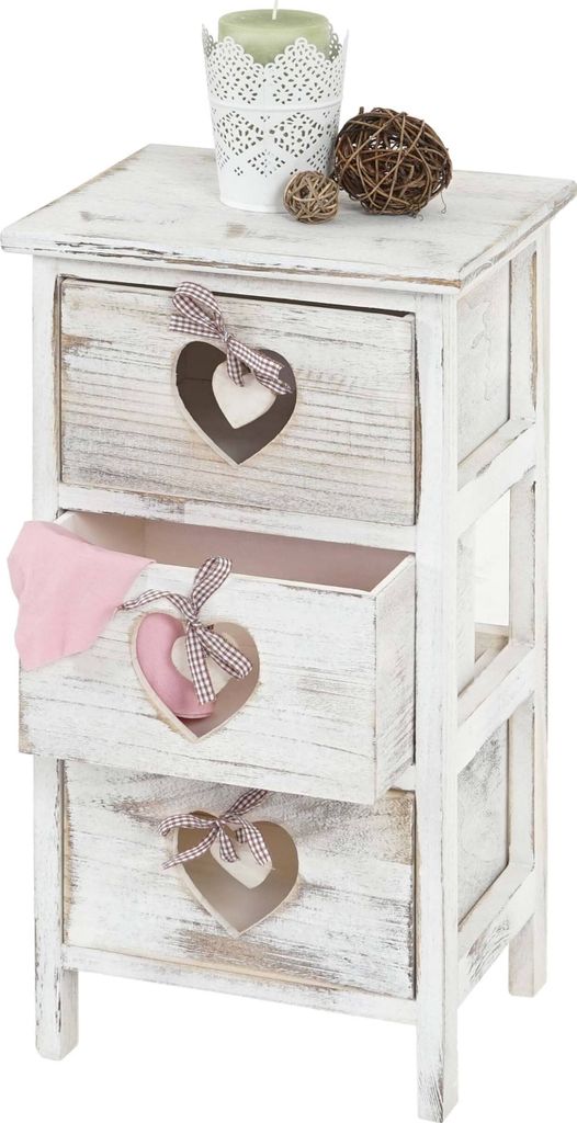 Kommode Forli, Schubladenkommode Schrank, 3 Schubladen mit Herzen 55x29x25cm, Shabby-Look, Vintage weiß