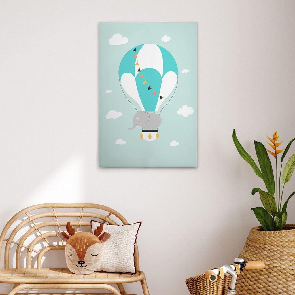 TADESSI Leinwandbild Heißluftballon Kinderzimmer Elefant - Wandbild 60 x 90 cm - Kunstdruck auf Leinwand in Grün Weiß - M1-No.51441