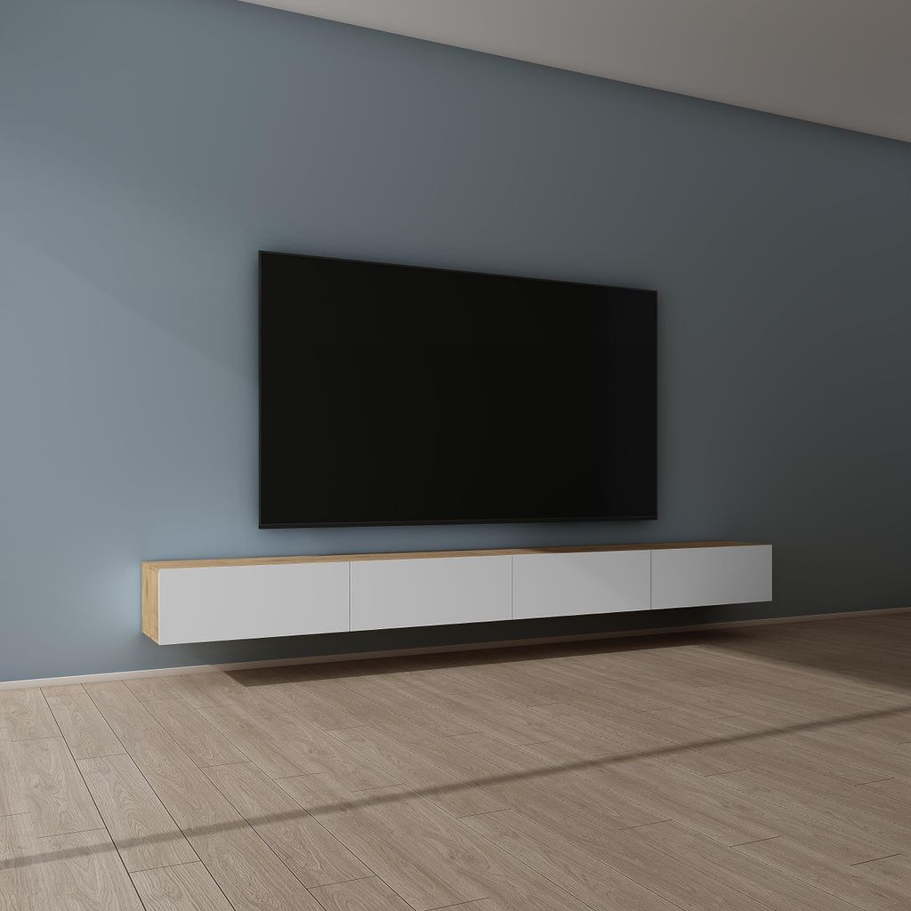 Mai & Mai Fernsehschrank Verdeckter Griff mit Soft-Close Lowboard Hängeschrank für Wohnzimmer in Kerneiche + Matt Weiß BTH: 320x40,2x30 cm Ferns...