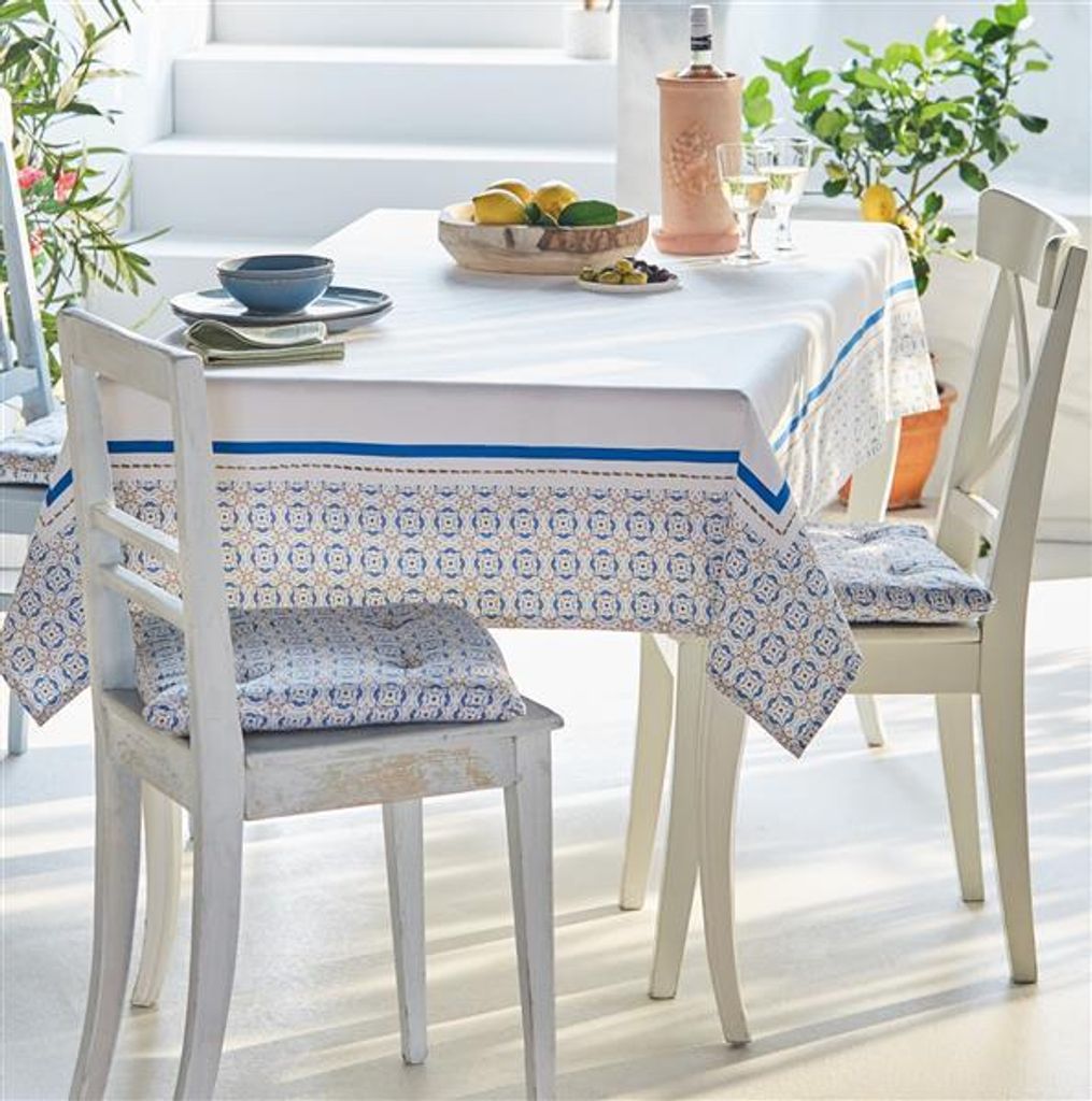 Tafeldecke "Santorin" weiß / blau / beige, 140 x 240 cm, 100% Baumwolle Tischdecke, Tischtuch