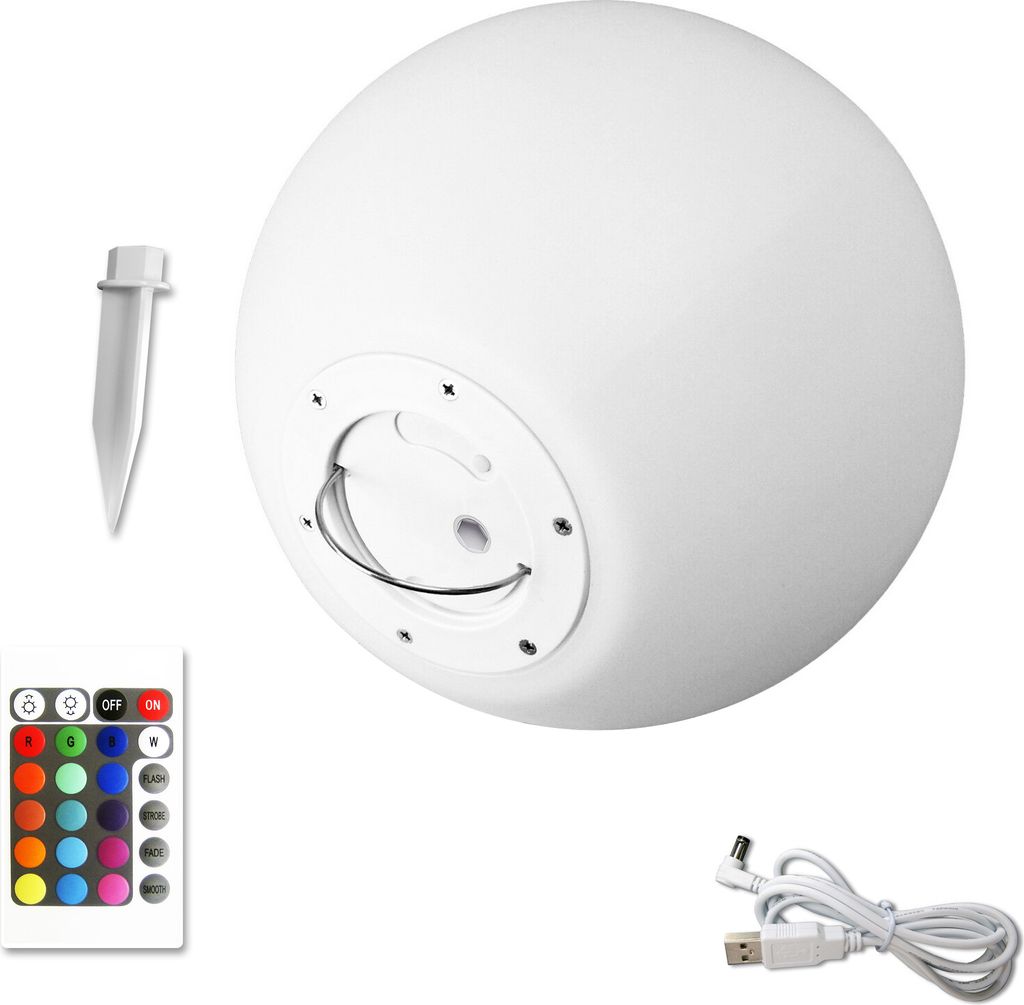 A white LED light sphere with accessories including a stake, remote control, and charging cable, displayed against a white background.