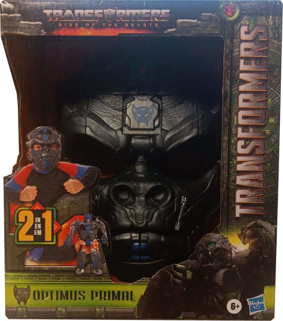 The image shows the packaging of a Transformers Optimus Primal 2-in-1 figure mask.