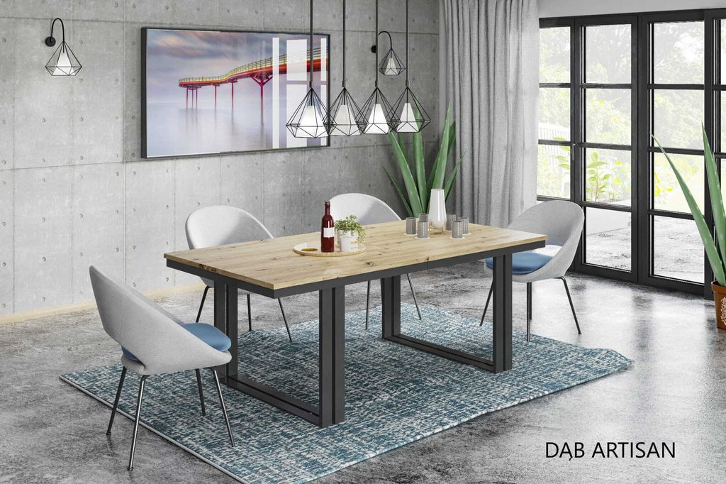 Rechteckiger Esszimmertisch FAMILO, ausziehbarer Tisch, Größe: 200-500X100X76 cm, Wohnzimmertisch Farbe: ARTISAN, mit Tischbeinen in Farbe Schwarz