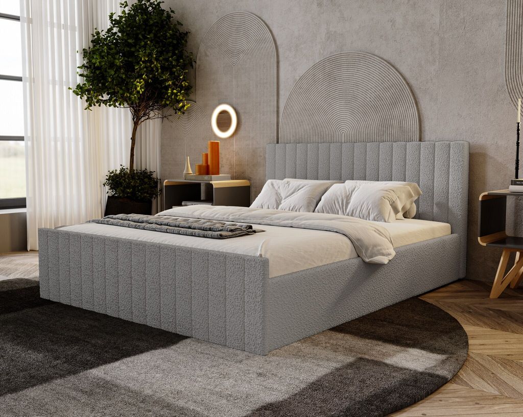 Doppelbett Bouclé 140x200 Billo Slim - Polsterbett mit Lattenrost, Bettkasten - Bouclé Hellgrau