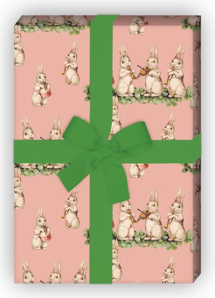 Süßes Vintage Baby Geschenkpapier mit musizierenden Retro Hasen, rosa - G7255, 32 x 48cm
